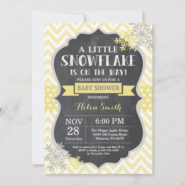 Invitation Fête Prénatale d'Hiver Flocon de Neige Jaune Table (Devant)