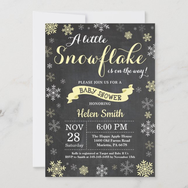 Invitation Fête Prénatale d'Hiver Flocon de Neige Jaune Table (Devant)