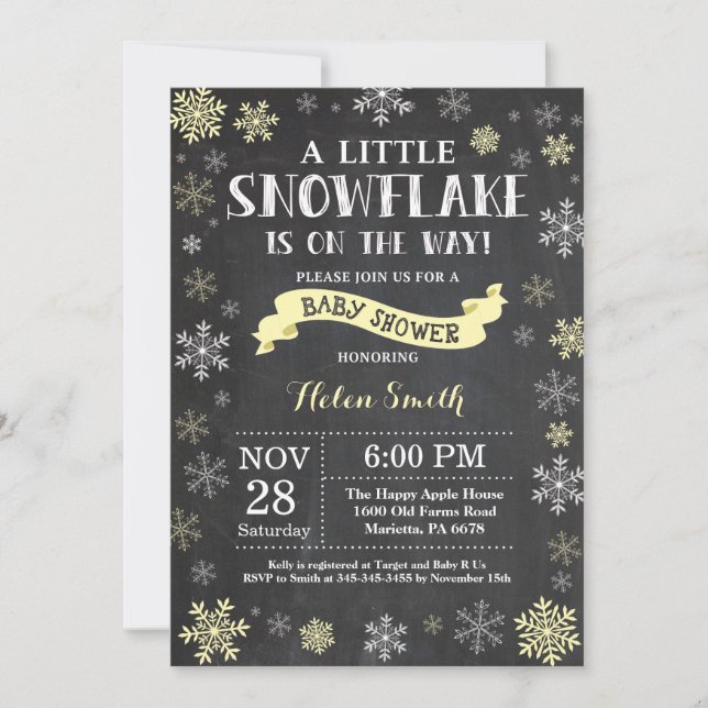 Invitation Fête Prénatale d'Hiver Flocon de Neige Jaune Table (Devant)