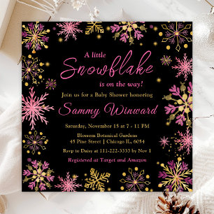 Invitation Fête Prénatale d'Hiver Flocons de Neige Dorés et R
