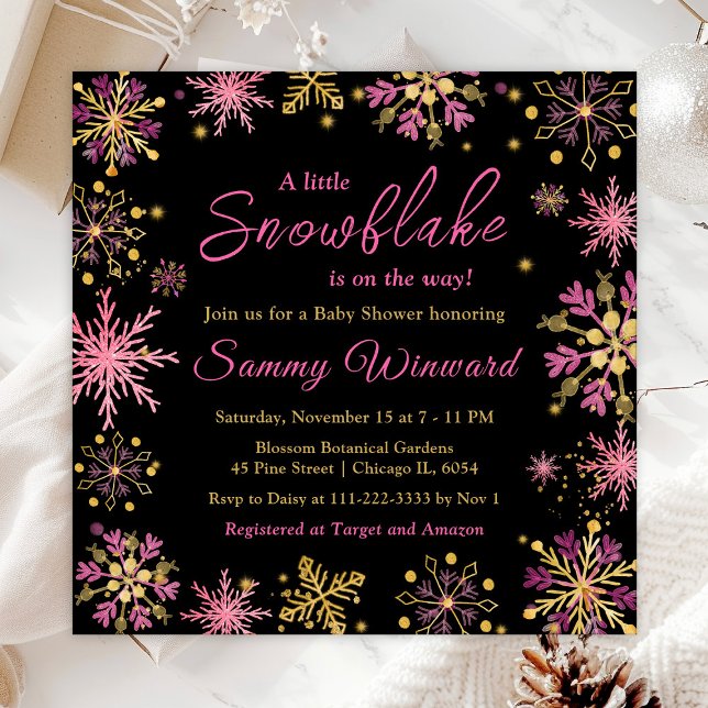 Invitation Fête Prénatale d'Hiver Flocons de Neige Dorés et R (Créateur téléchargé)