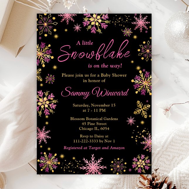 Invitation Fête Prénatale d'Hiver Flocons de Neige Dorés et R (Créateur téléchargé)
