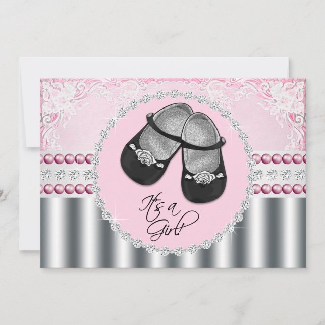 Invitation Fête Prénatale Diamants Roses et Perles (Devant)
