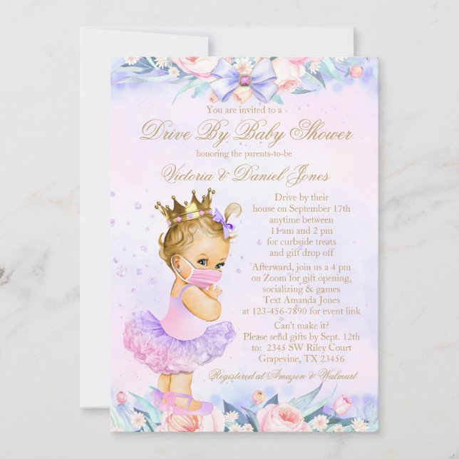 Invitation Fête Prénatale Drive By de Princesse Avec Masque (Devant)
