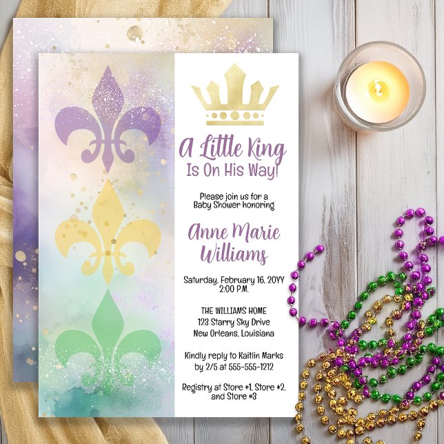 Invitation Fête prénatale du petit roi de Mardi Gras  (Little Mardi Gras King Baby Shower Invitation with Crown & Fleur-de-Lis -- Print | Digital Download)