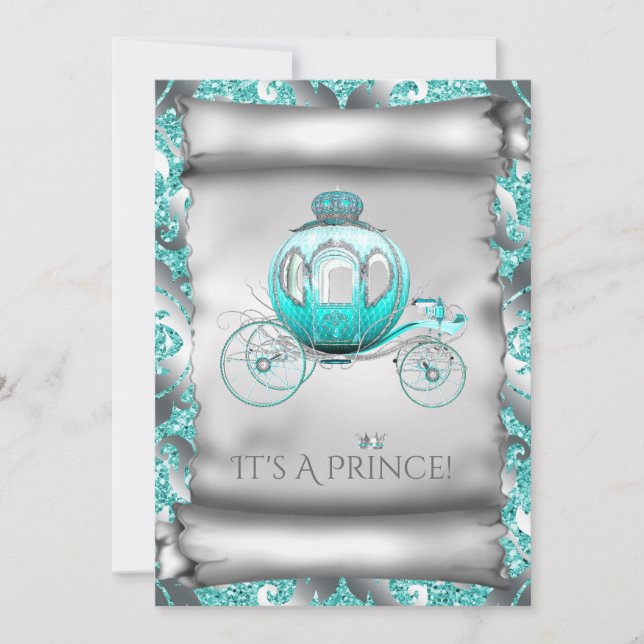 Invitation Fête Prénatale du Prince Bleu Turquoise et Argent (Devant)