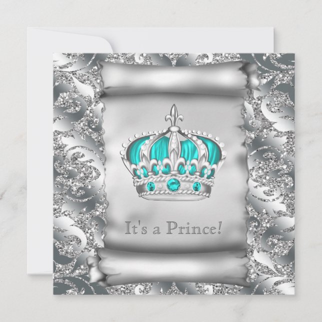 Invitation Fête Prénatale du Prince Bleu Turquoise et Argent (Devant)