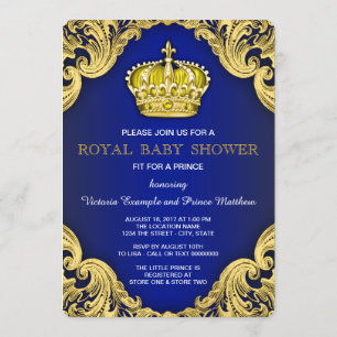 Invitation Fête Prénatale du Prince Élégant Bleu et Or