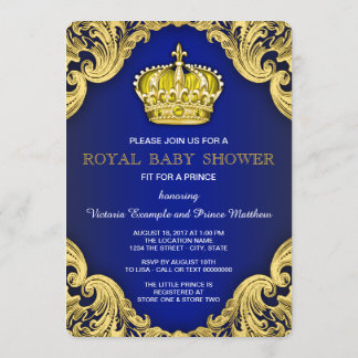 Invitation Fête Prénatale du Prince Élégant Bleu et Or