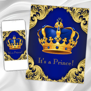 Invitation Fête Prénatale du Prince Élégant Bleu et Or