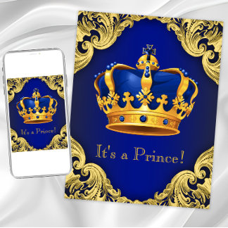 Invitation Fête Prénatale du Prince Élégant Bleu et Or