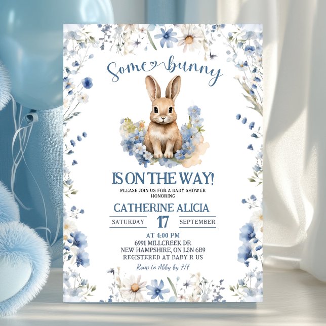 Invitation Fête prénatale Dusty Blue Wildflower Bunny (Créateur téléchargé)