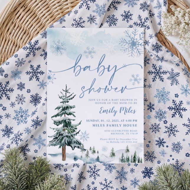 Invitation Fête Prénatale Élégante Bleue Hiver (Créateur téléchargé)