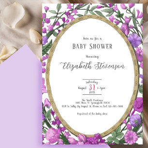Invitation Fête prénatale élégante fleurs botaniques rose vio
