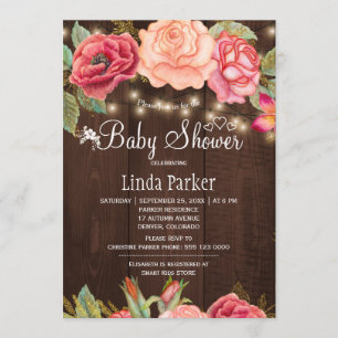 Invitation Fête prénatale en bois de grange floral rose blush