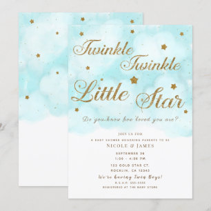 Invitation Fête Prénatale Étoiles Scintillantes Dorées et Nua