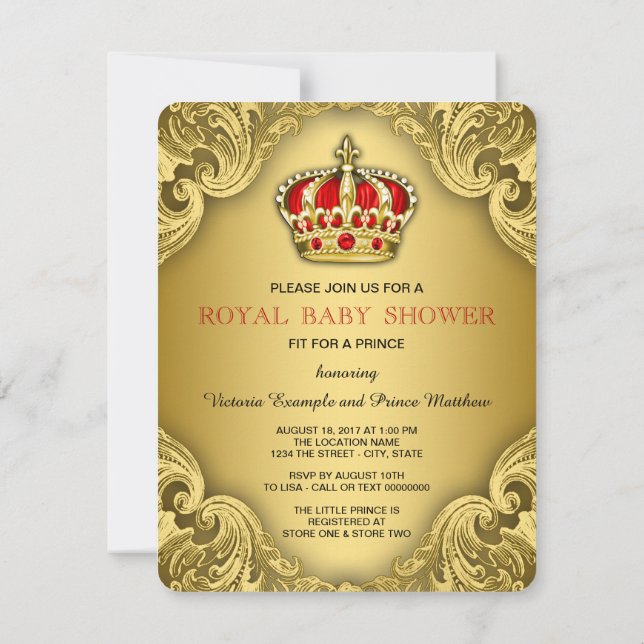 Invitation Fête Prénatale Fancy Prince Rouge et Or (Dos)