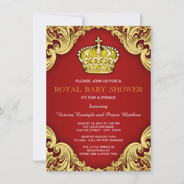 Invitation Fête Prénatale Fancy Prince Rouge et Or (Dos)