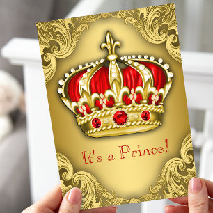 Invitation Fête Prénatale Fancy Prince Rouge et Or