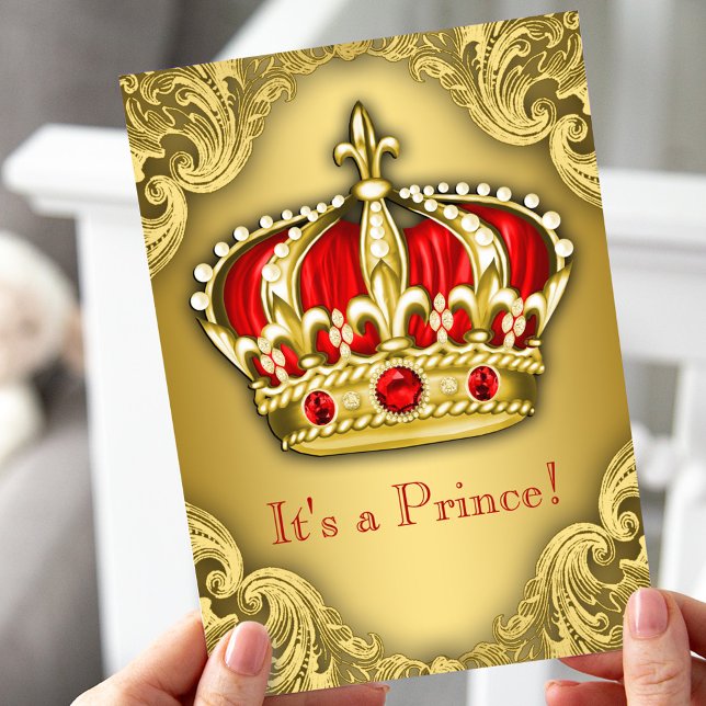 Invitation Fête Prénatale Fancy Prince Rouge et Or (Créateur téléchargé)