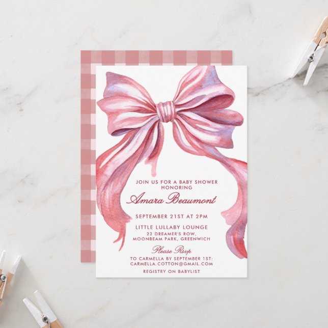 Invitation Fête Prénatale Fille : Arc en Rose et Gingham (Devant/Arrière en situation)