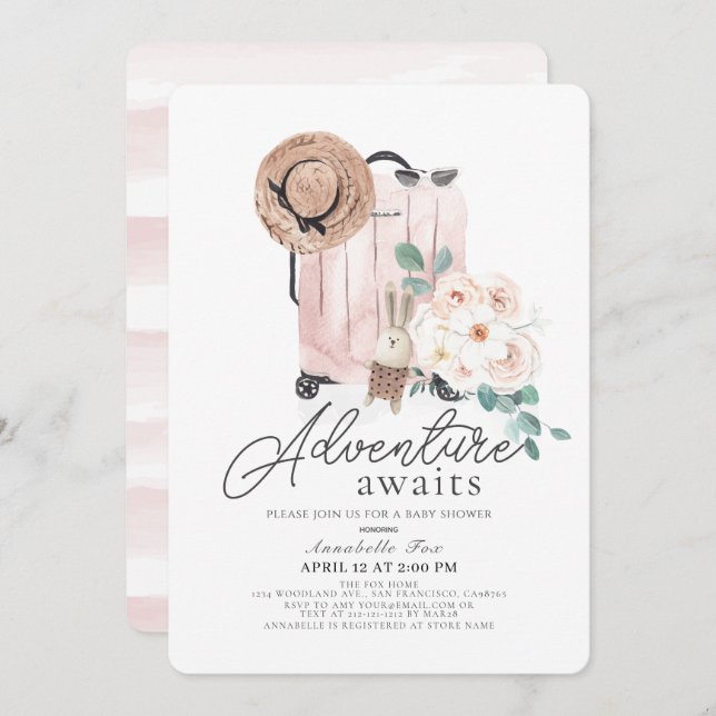 Invitation Fête Prénatale Fille au Sac Rose - L'Aventure Atte (Devant / Derrière)