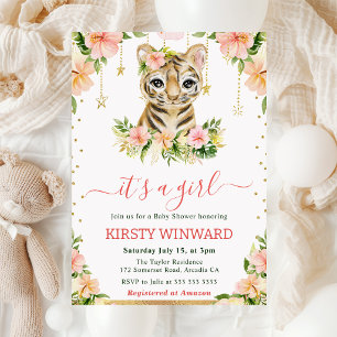 Invitation Fête Prénatale Fille au Tigre Floral Aquarelle