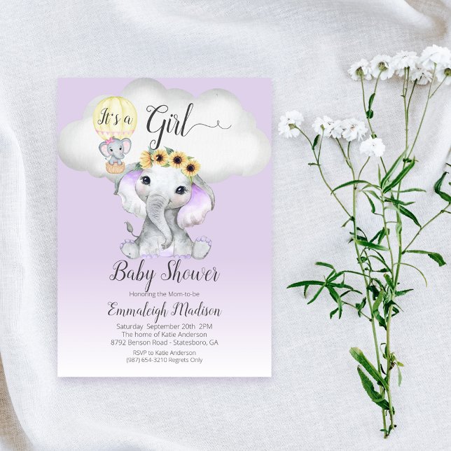 Invitation Fête Prénatale Fille Bébé Éléphant Montgolfière |  (Créateur téléchargé)