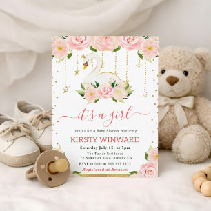 Invitation Fête Prénatale Fille Cygne Floral Aquarelle
