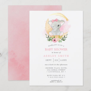 Invitation Fête Prénatale Fille Éléphant Aquarelle Florale Lu