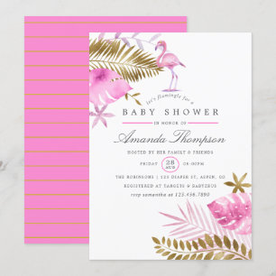 Invitation Fête Prénatale Fille Flamant Tropical Rose et Or