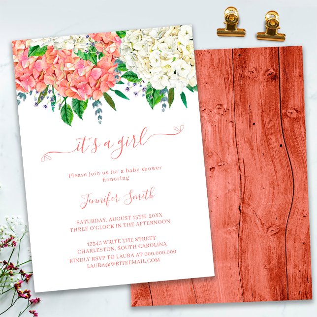 Invitation Fête Prénatale Fille Hydrangea Botanique Rustique (Créateur téléchargé)