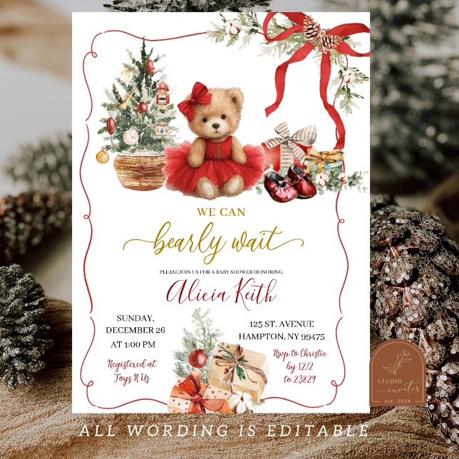Invitation Fête Prénatale Fille Ours Coquette Noël Rouge (Créateur téléchargé)