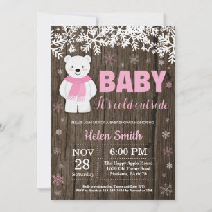 Invitation Fête Prénatale Fille Ours Polaire Rustique Hiver
