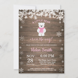 Invitation Fête Prénatale Fille Ours Polaire Rustique Hiver