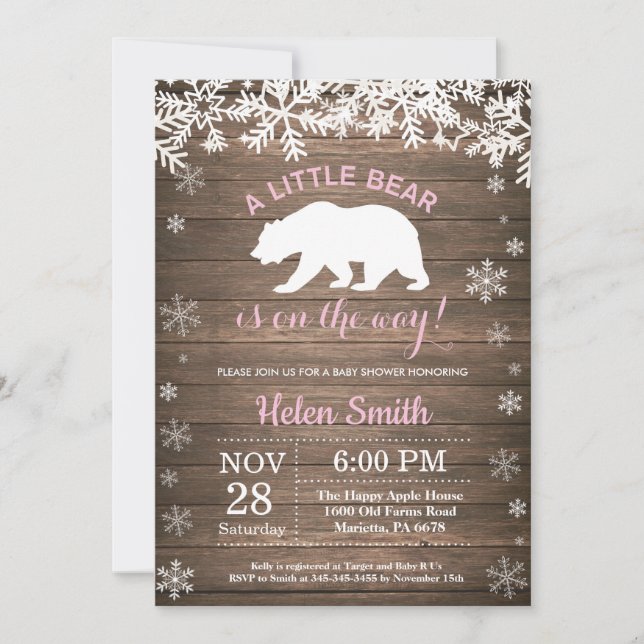 Invitation Fête Prénatale Fille Ours Polaire Rustique Hiver (Devant)
