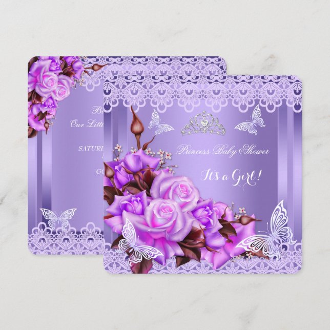 Invitation Fête Prénatale Fille Papillon Rose Violet 2 (Devant / Derrière)