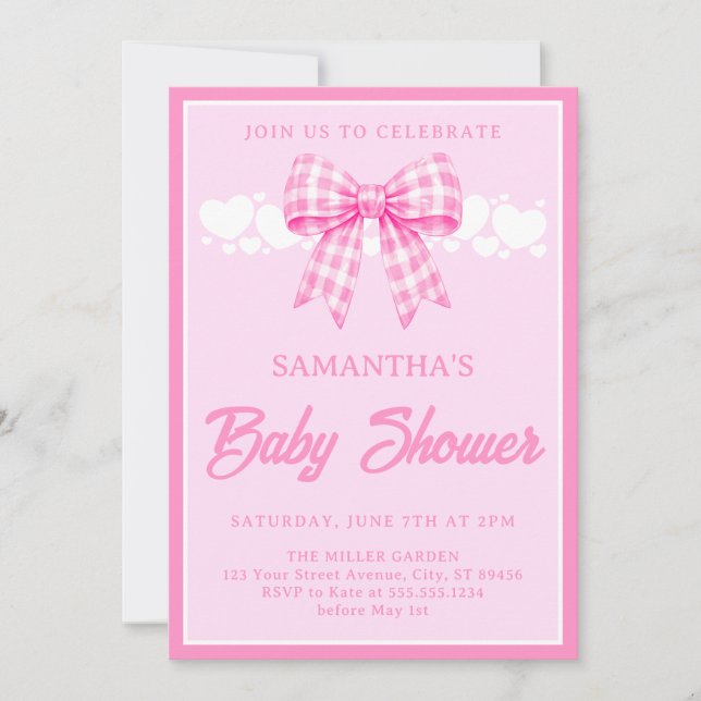 Invitation Fête Prénatale Fille Ruban Gingham Rose (Devant)