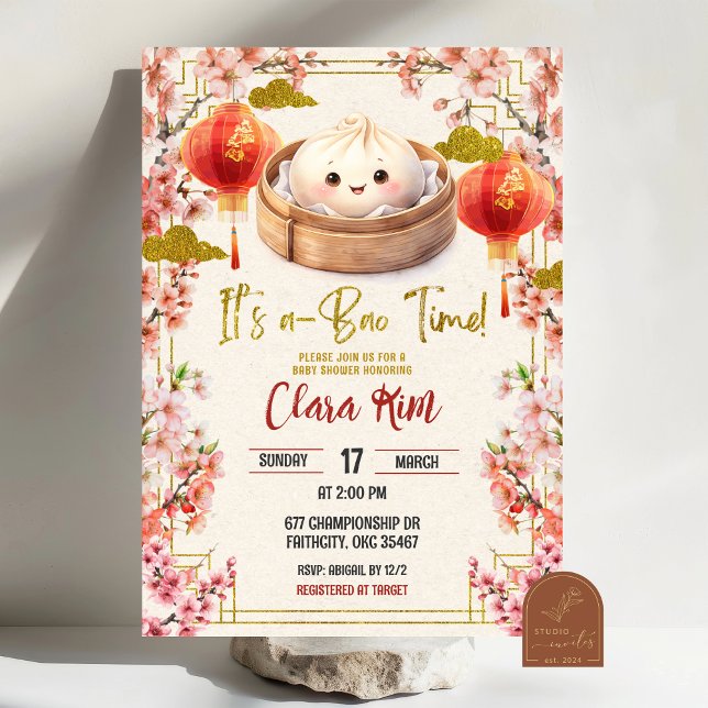 Invitation Fête Prénatale Fleur de Prunier Bao Chinois (Créateur téléchargé)