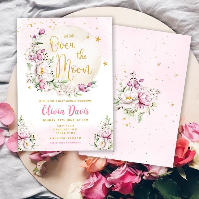 Invitation Fête Prénatale Fleur Rose Clair Bébé Sur La Lune (Créateur téléchargé)