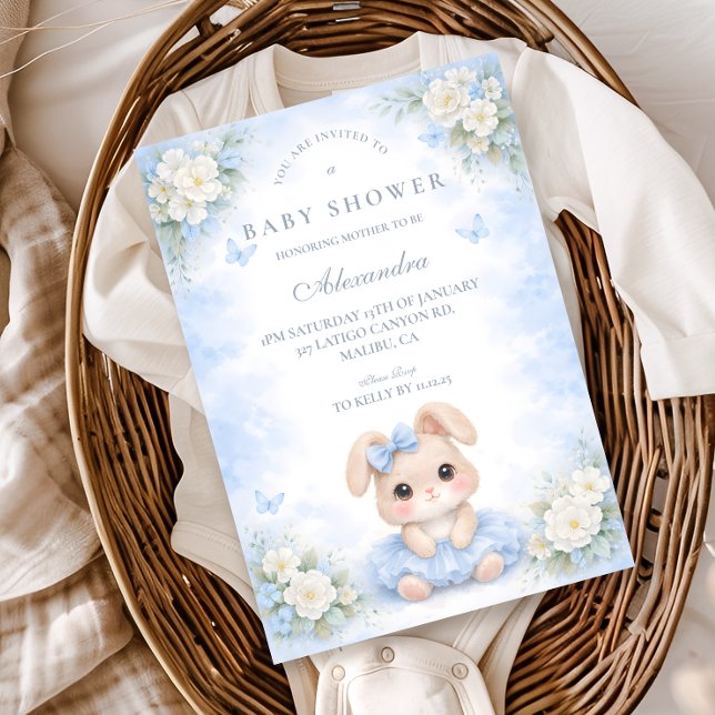 Invitation Fête Prénatale Fleurie Blue Bunny (Créateur téléchargé)