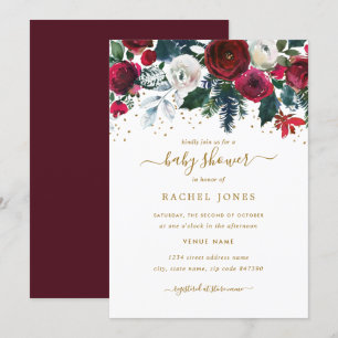 Invitation Fête Prénatale Fleurie Or Rouge Bourgogne de Noël