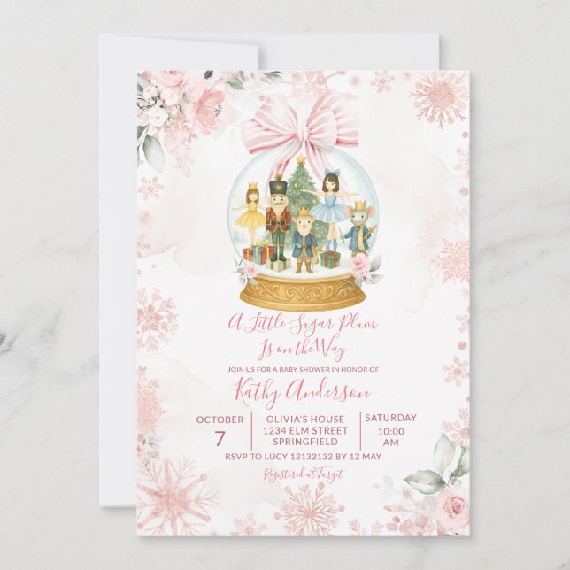 Invitation Fête Prénatale Flocon de Neige Casse-Noisette Rose (Devant)