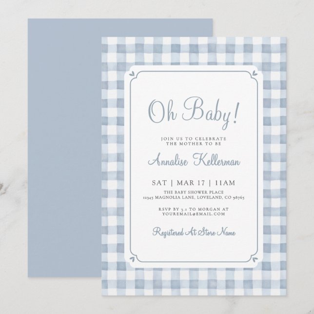 Invitation Fête Prénatale Garçon Gingham Bleu (Devant / Derrière)