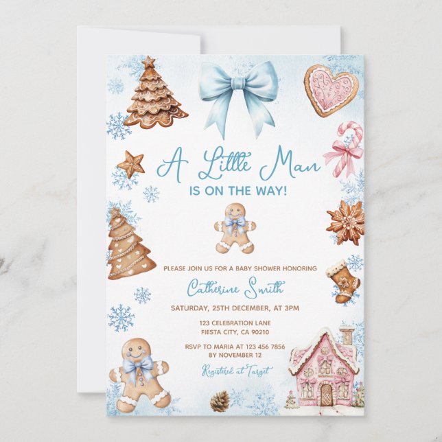 Invitation Fête prénatale Gingerbread Noël Flocons de Neige B (Devant)