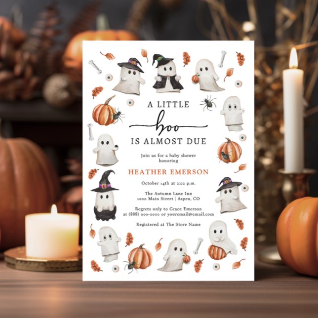 Invitation Fête prénatale Halloween Boo Bébé (A Little Boo Is Almost Due Halloween Baby Shower Invitation by Painted Paperie)