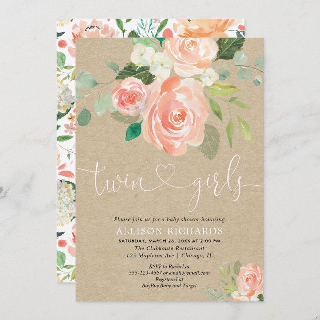 Invitation Fête prénatale kraft rustique florale pour jumelle (Devant / Derrière)