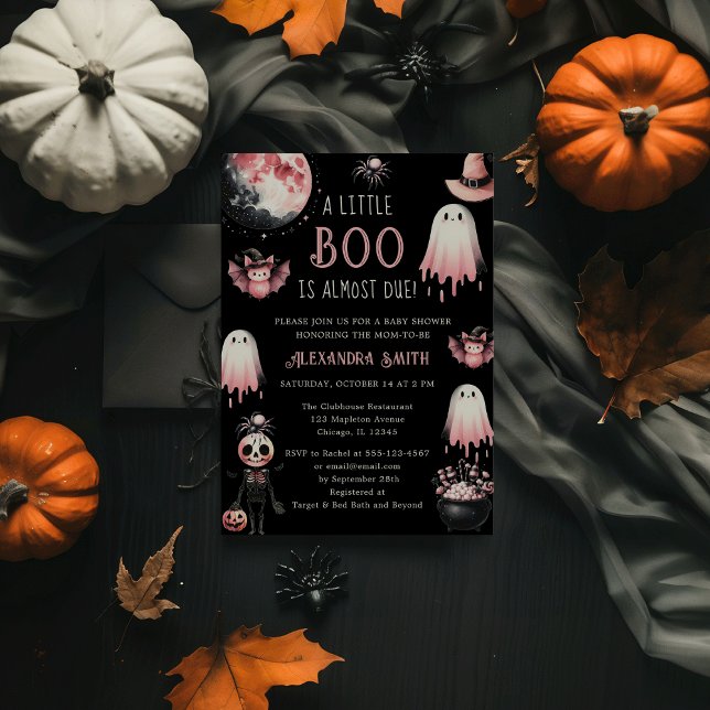 Invitation Fête Prénatale Little Boo Rose et Noir pour Fille  (Little Boo is Almost Due! Pink & Black Halloween Girl Ghost Baby Shower Invitation)