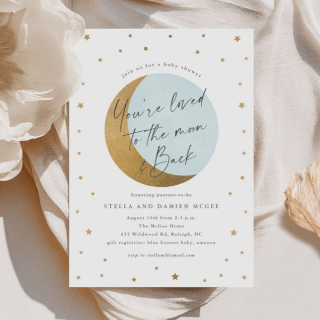 Invitation Fête prénatale Lune et Étoiles Script (Elegant Script Gold Moon and Stars Blue Boys Baby SHower Invitations.)