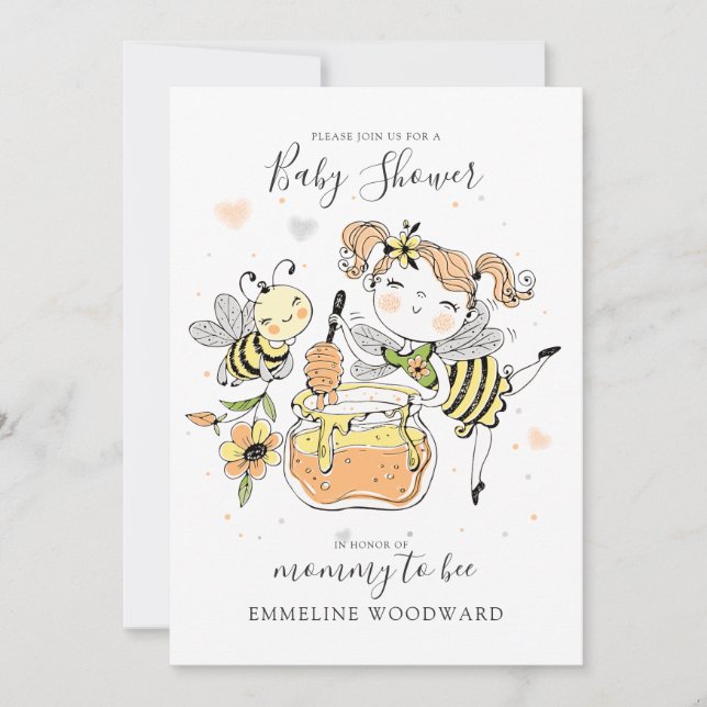 Invitation Fête Prénatale Maman Abeille à l'aquarelle  (Devant)